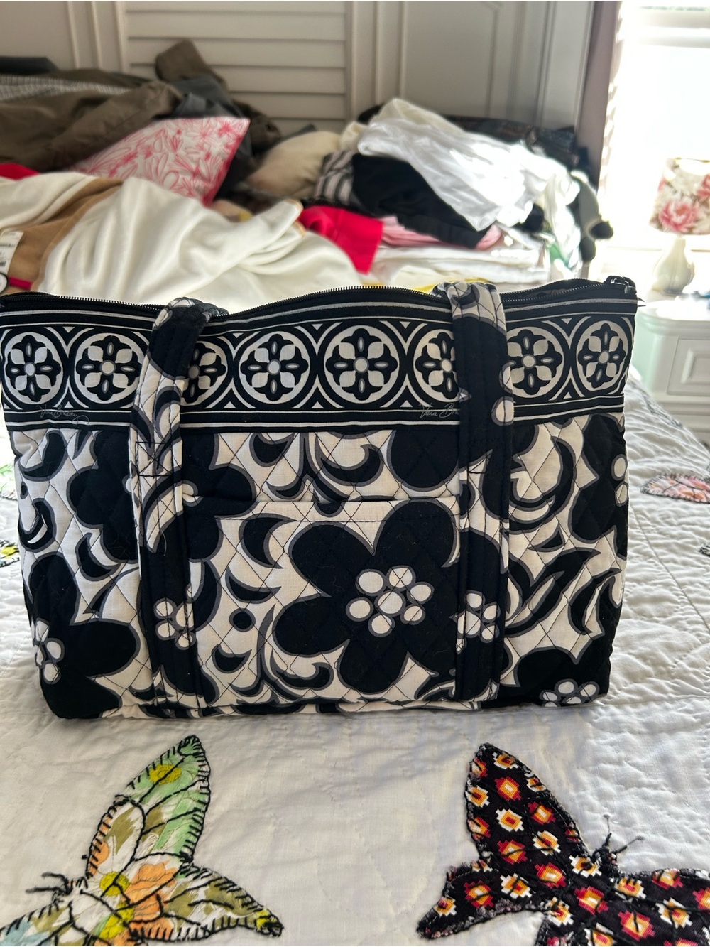 Vera Bradley Black & White Floral Quilted Tote Bag